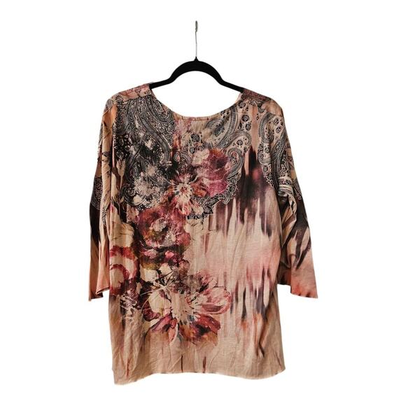 B.L.E.U WOMAN 2X Pink Floral Blouse 3/4 Flair Sleeves Embroidered Lace Beaded - Picture 2 of 11